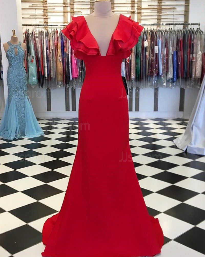 Mermaid Satin Jewel Neck Red Prom Dress with Layered Sleeves PD1656