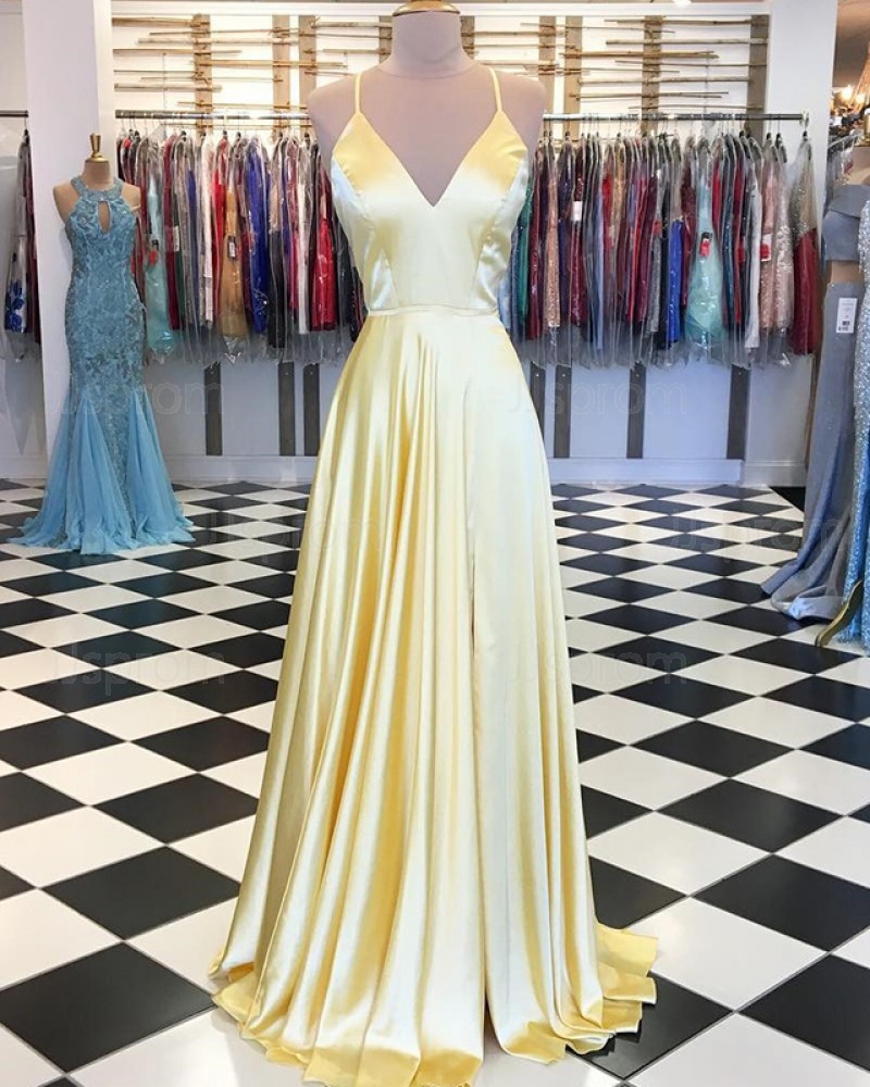 Yellow Pleated Satin Spaghetti Straps Prom Dress with Side Slit PD1658