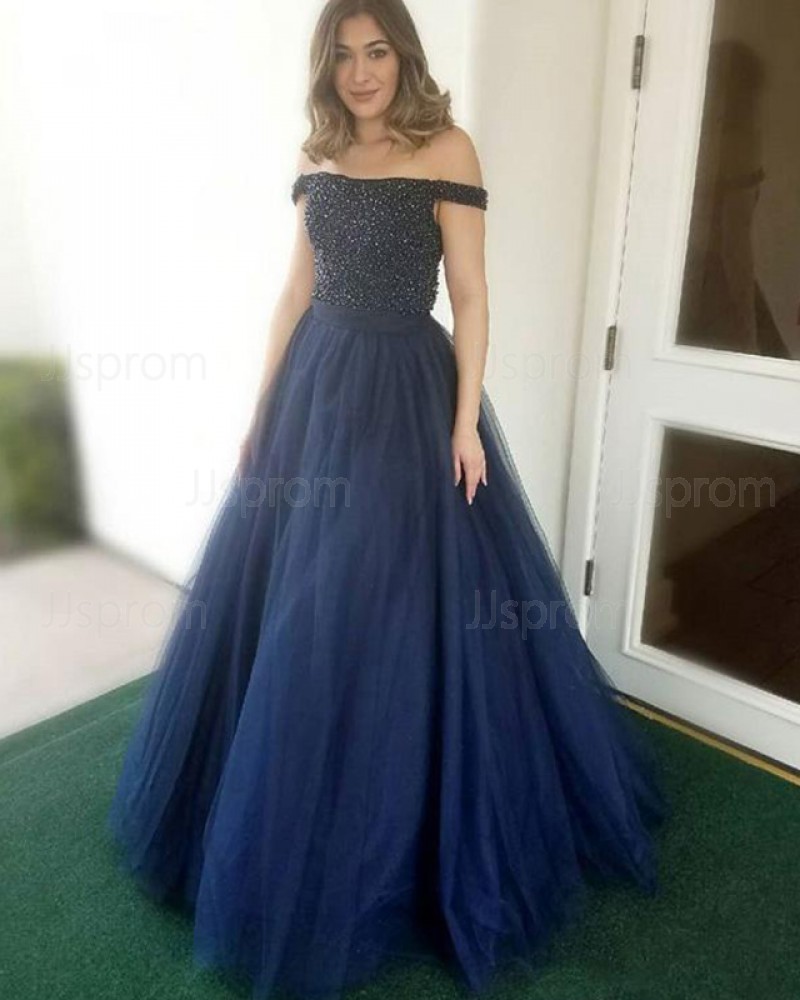 Navy Blue Beading Bodice Off the Shoulder Tulle Prom Dress PD1662