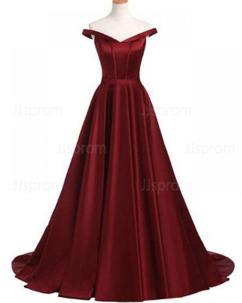 Burgundy Pleated Off the Shoulder Satin Prom Dress PD1668