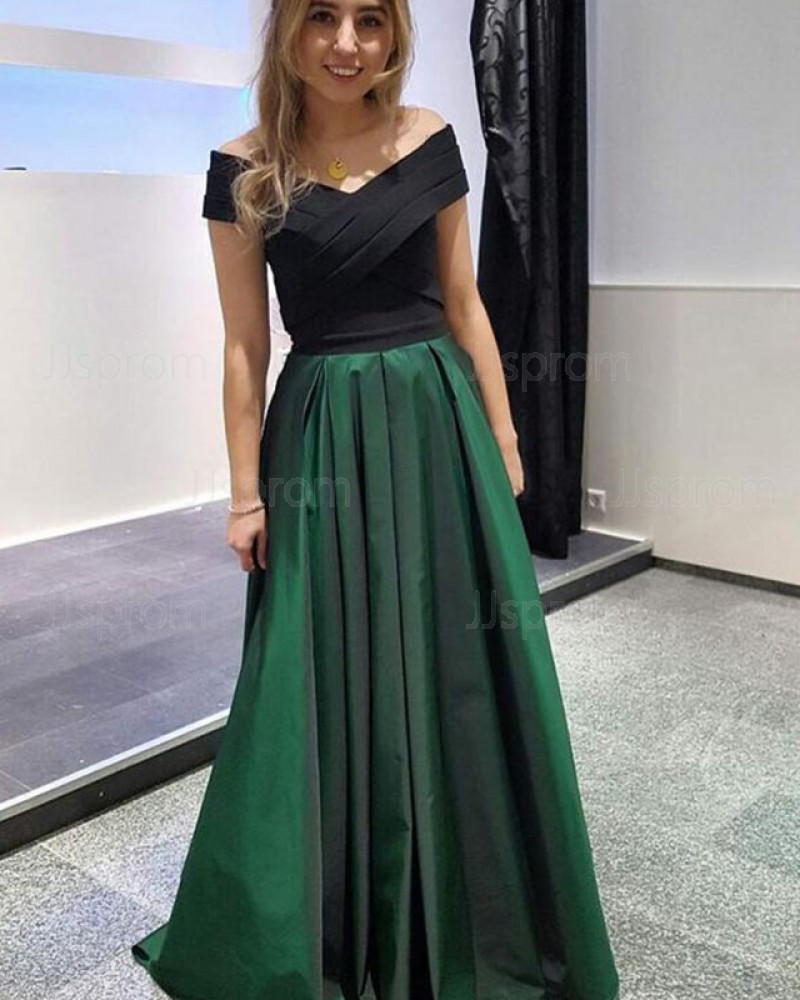 Simple Ruched Green Off the Shoulder Satin Prom Dress PD1670