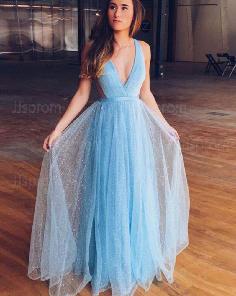 Light Blue Sparkle Deep V-neck Sequin Tulle Prom Dress PD1671