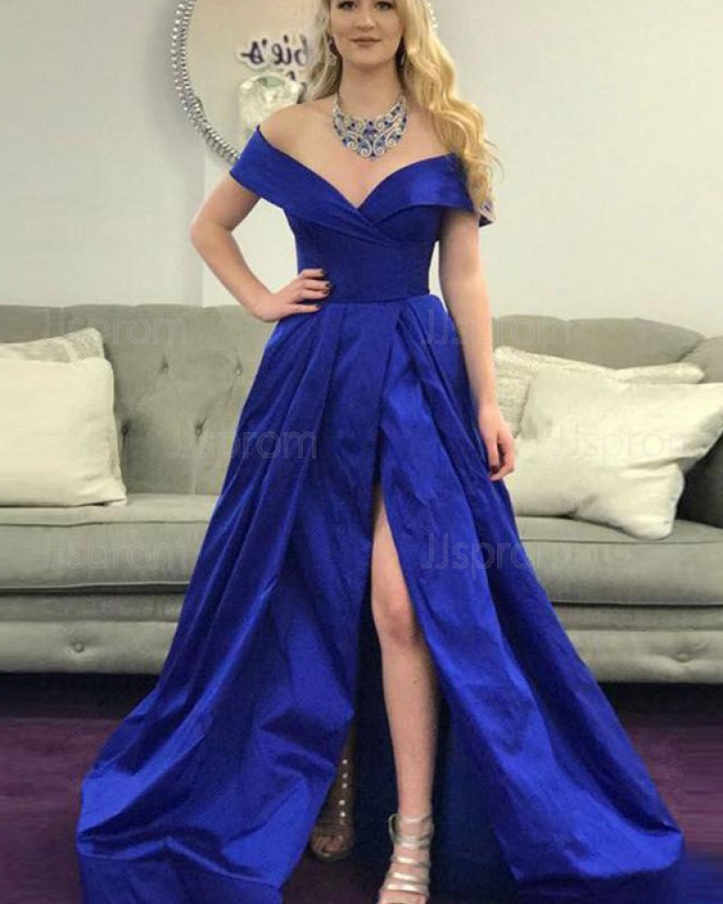 Royal Blue Ruched Off the Shoulder Prom Dress with Side Slit PD1672