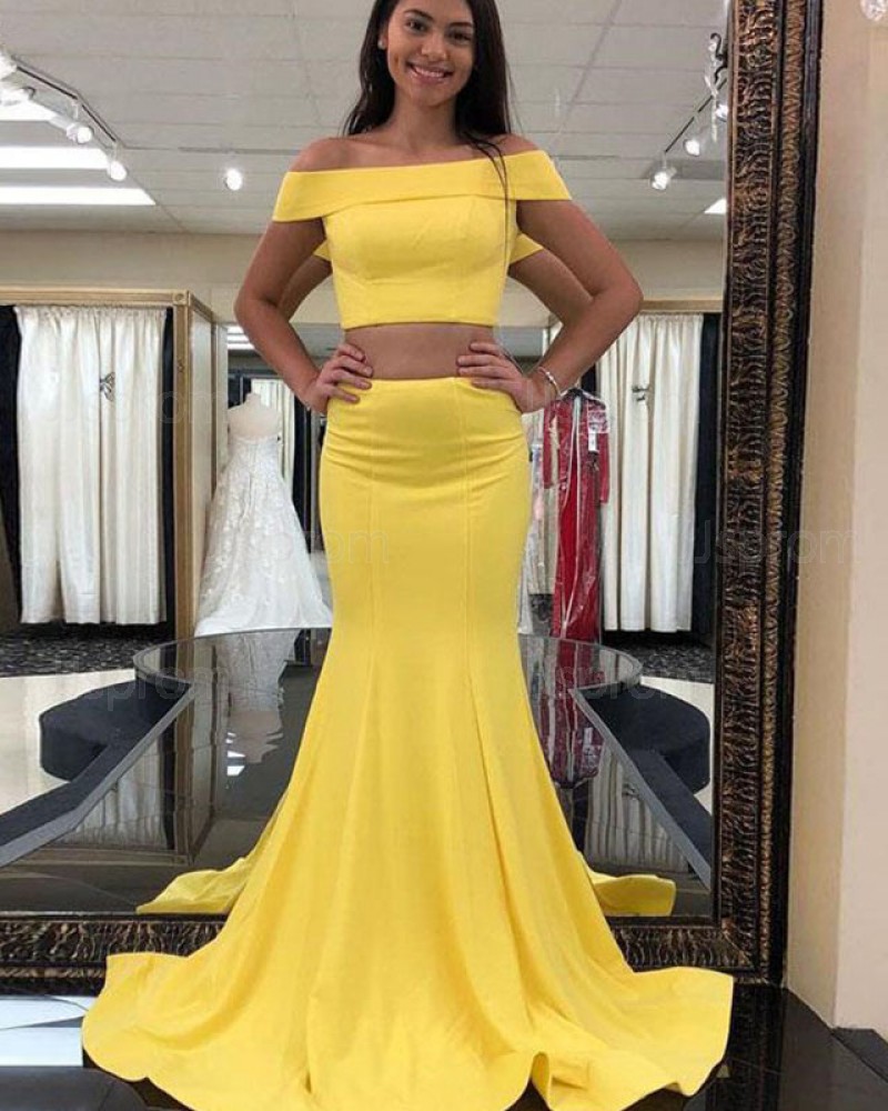 Off the Shoulder Yellow Simple Two Piece Satin Mermaid Prom Dress PD1673