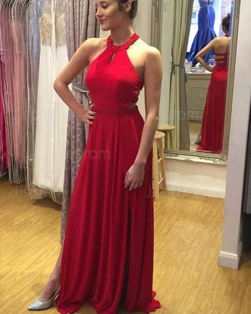 Red Satin High Neck Beading Prom Dress with Side Slit PD1675
