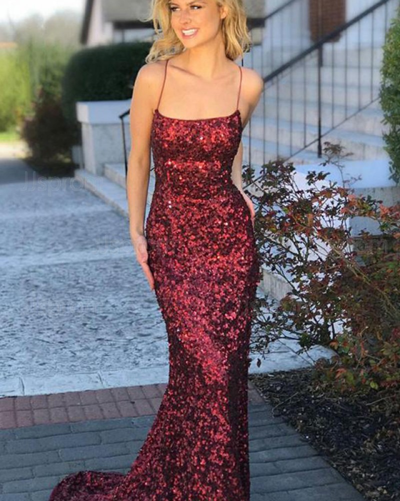 Rose Red Sequin Spaghetti Straps Mermaid Prom Dress PD1676