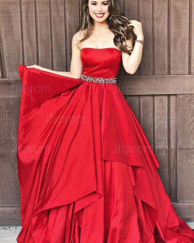 Red Satin Strapless Ruffle Prom Dress with Beading Belt PD1677