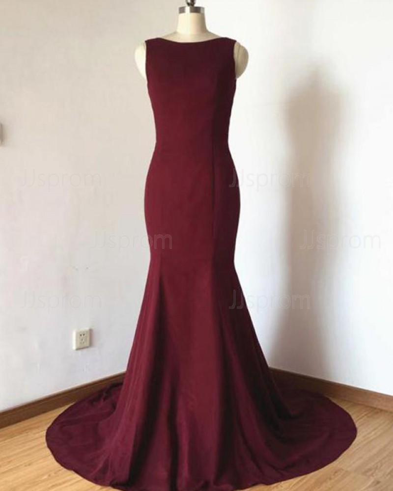 Simple Satin Mermaid Jewel Burgundy Prom Dress with Bowknot PD1678