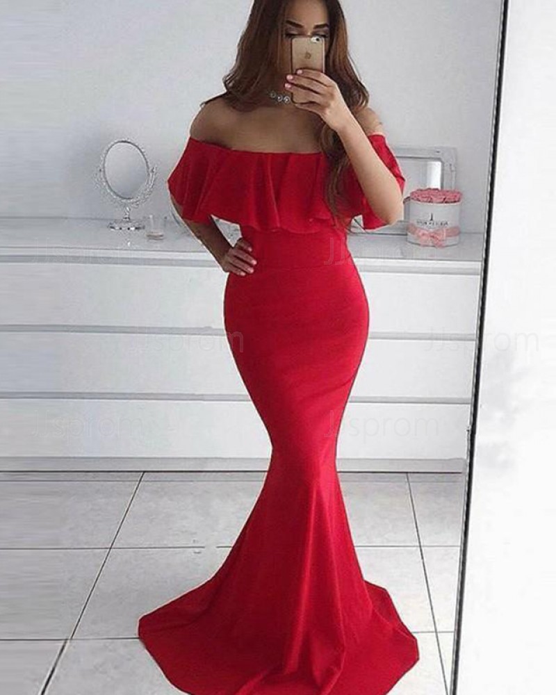 Red Layered Bodice Off the Shoulder Mermaid Prom Dress PD1679