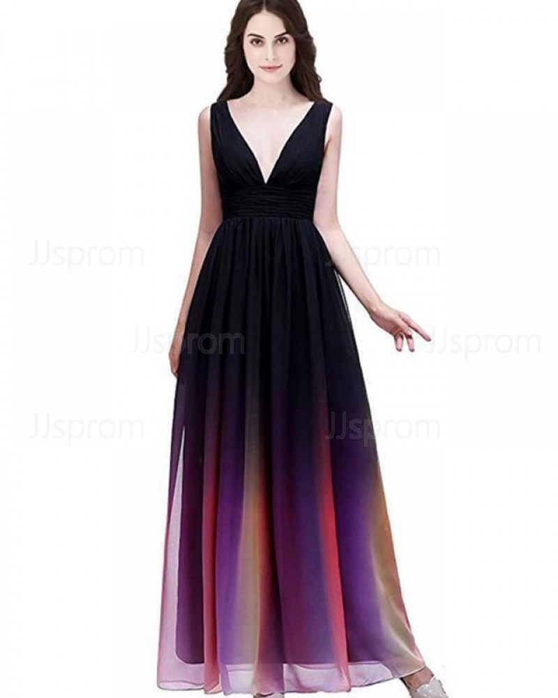 Ombre Chiffon Deep V-neck Long Formal Dress PD1681