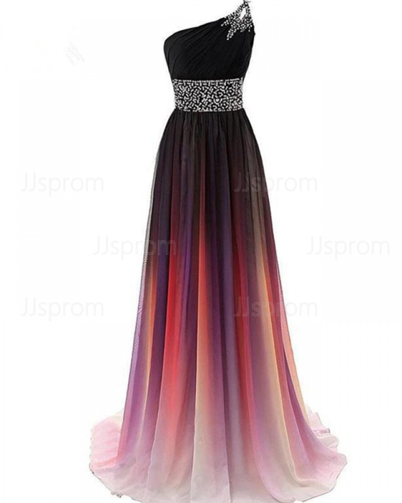 Ombre Beading Pleated One Shoulder Chiffon Bridesmaid Dress PD1682