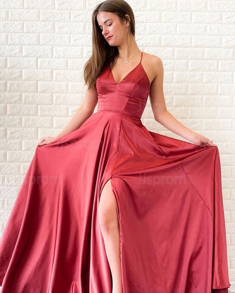 Long V-neck Red Satin Simple Prom Dress with Side Slit PD1697
