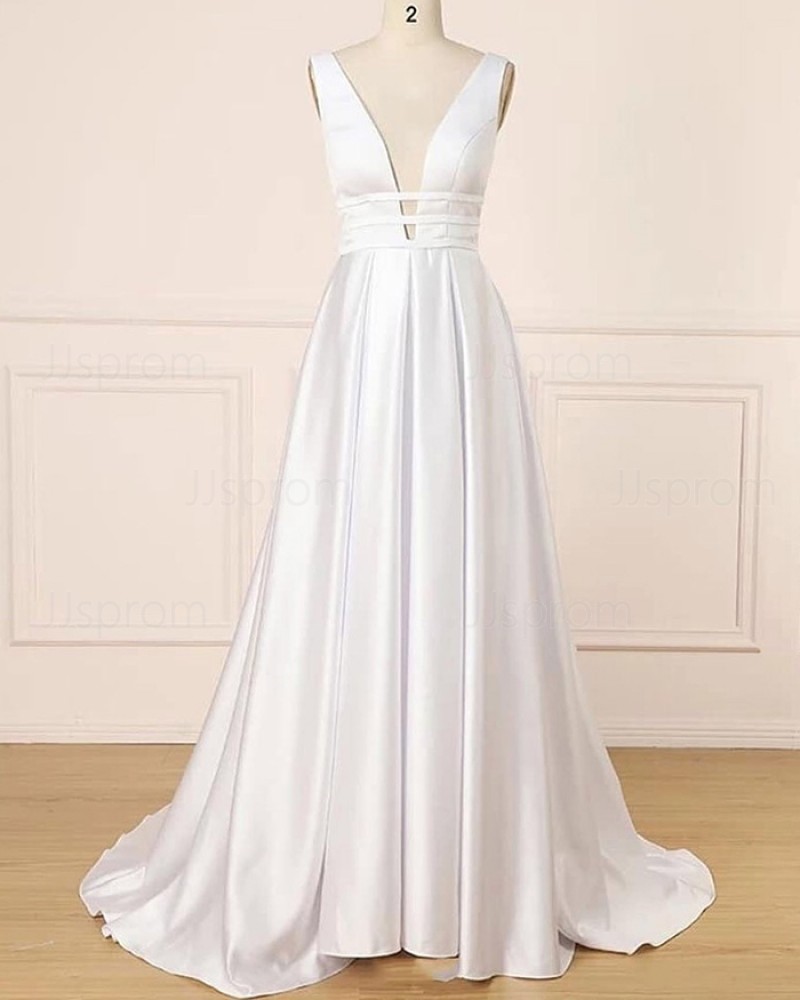Simple Pleated Deep V-neck White Satin Prom Dress PD1699