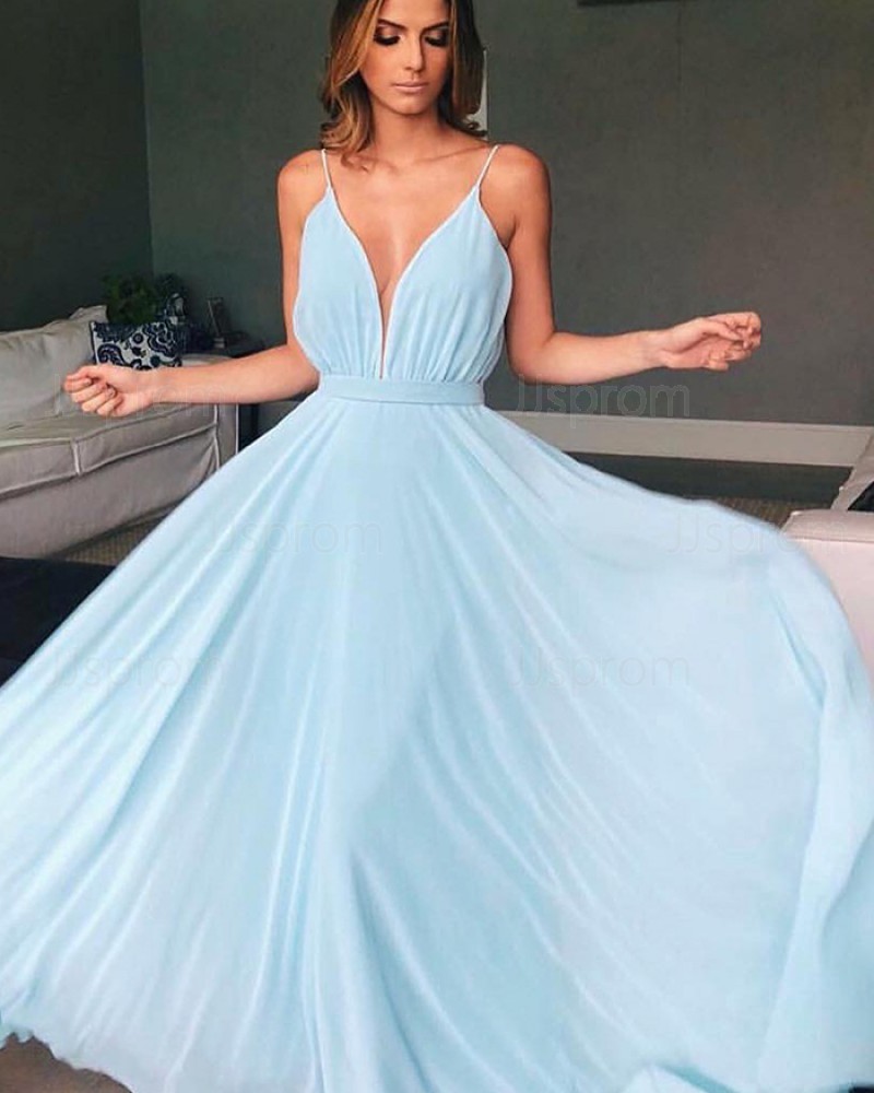 Blue Pleated Spaghetti Straps Tulle DustyProm Dress PD1700