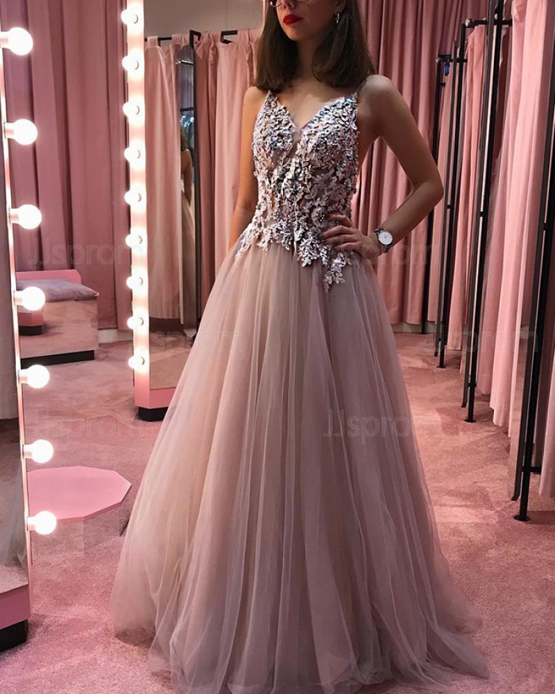 Dusty Rose Appliqued Pleated V-neck Beading Long Prom Dress PD1701