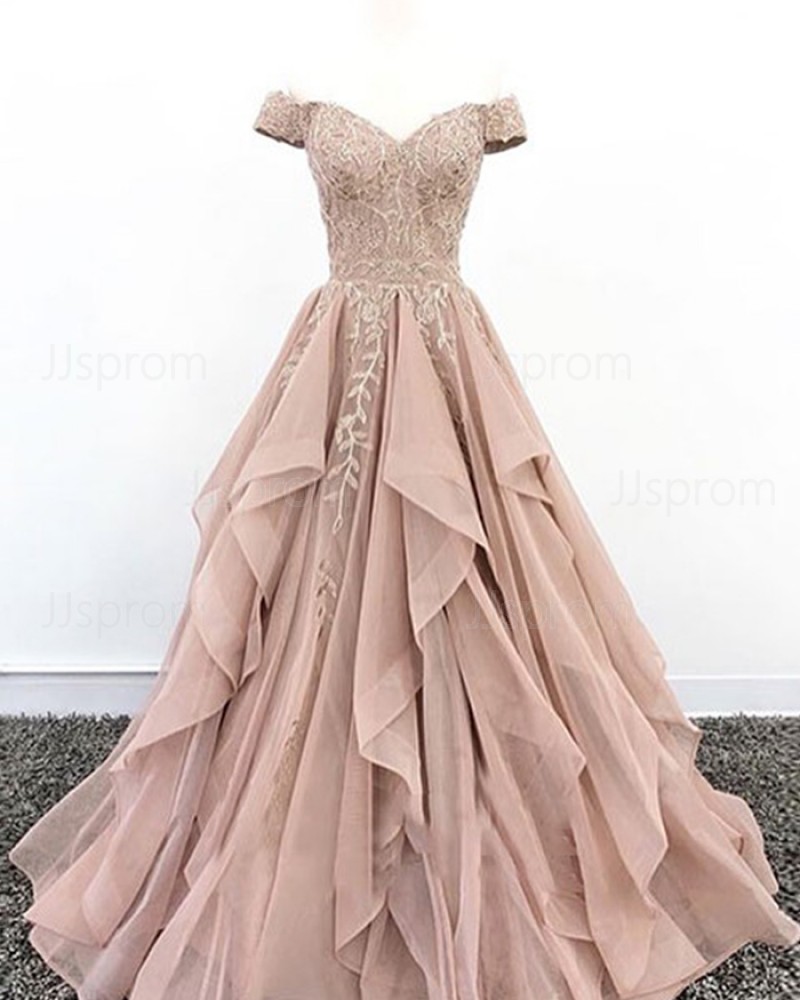 Beading Appliqued Off the Shoulder Nude Pleated Ruffled Evening Dress PD1704