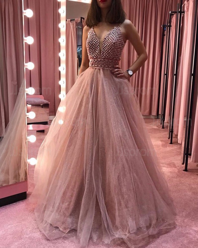 Nude Sequin V-neck Beading Bodice Tulle Prom Dress PD1705
