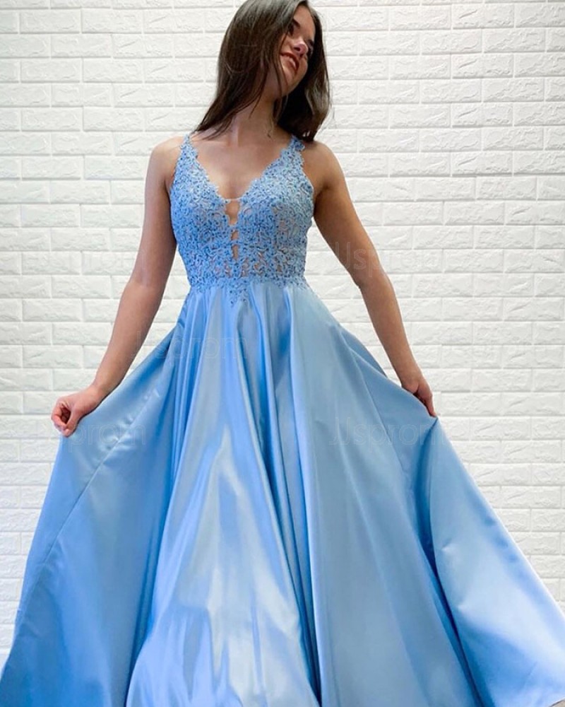 Blue Satin V-neck Appliqued Bodice Prom Dress PD1706
