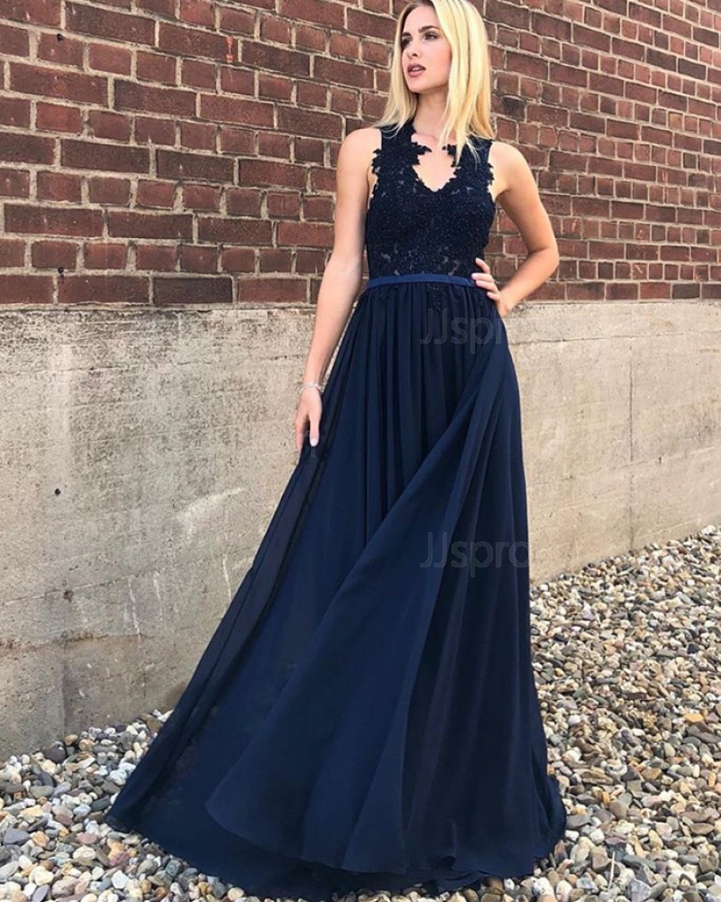 Navy Blue V-neck Lace Appliqued Bodice A-line Prom Dress PD1708