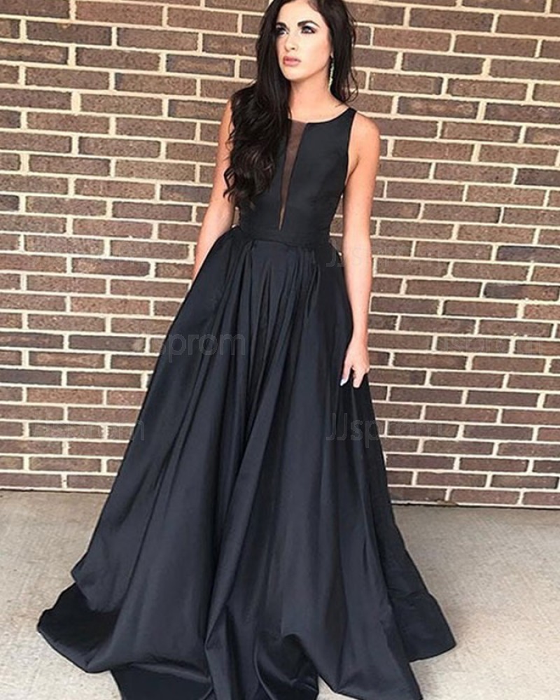 Simple Satin Black Jewel Prom Dress PD1710