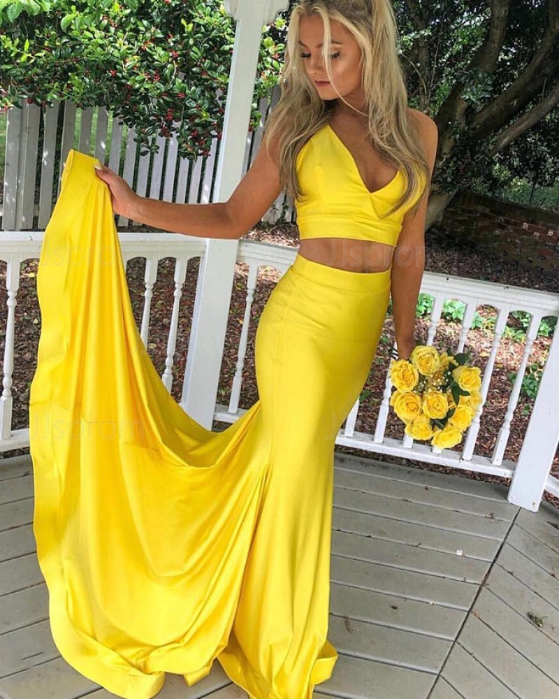 Simple Two Piece Simple Yellow Mermaid Prom Dress PD1716