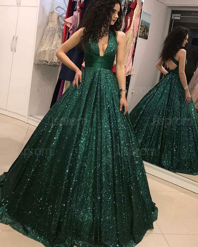 Sequin Pleated Green Deep V-neck Evening Gown PD1717