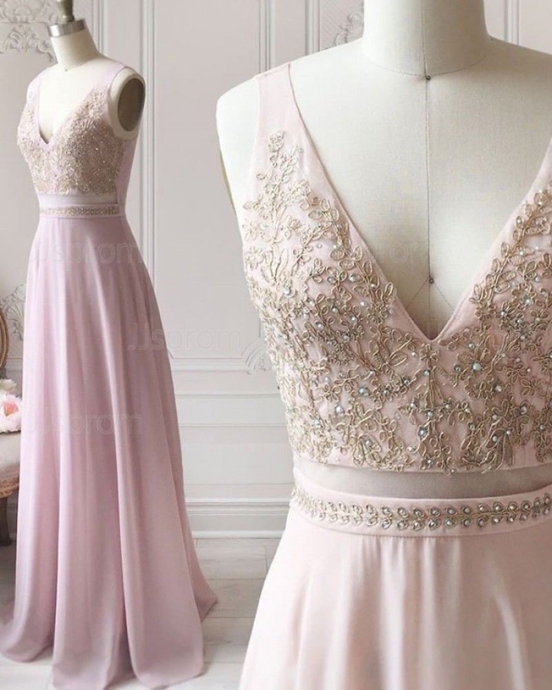 Light Pink V-neck Cutout Beading Bodice Chiffon Formal Dress PD1718