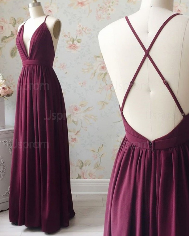 Simple Spaghetti Straps Burgundy Pleated Formal Dress PD1719