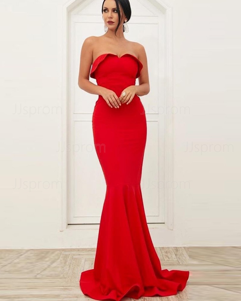 Simple Red Strapless Mermaid Satin Prom Dress PD1720