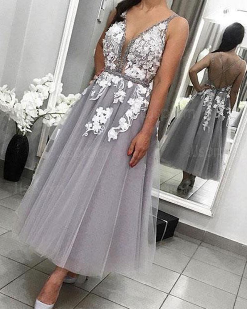 Lace Appliqued Deep V-neck Grey Tulle Ankle Length Formal Dress PD1724