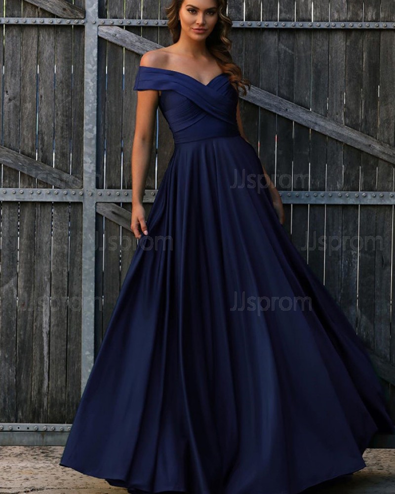 Simple Long Off the Shoulder Navy Blue Ruched Prom Dress PD1726