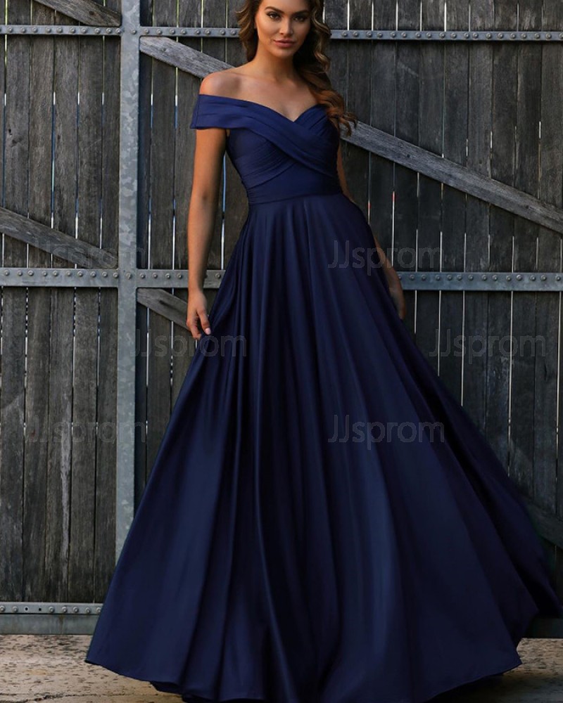 Simple Long Off The Shoulder Navy Blue Ruched Prom Dress PD1726