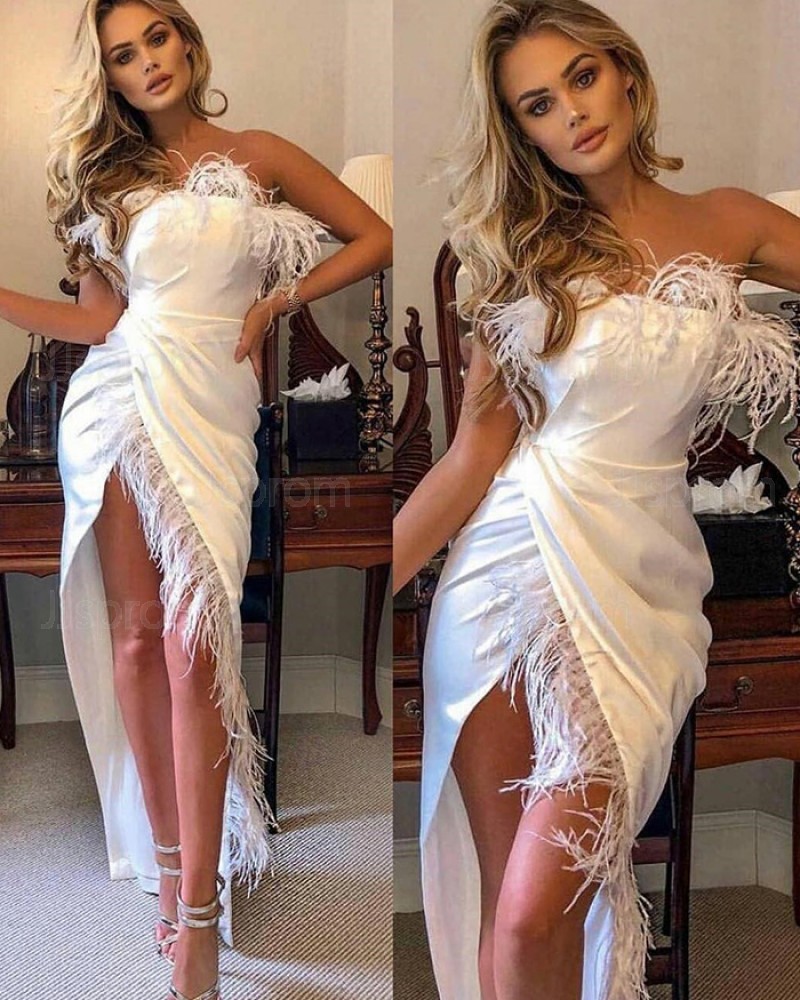Ruched Asymmetric Strapless White Formal Dress with Feathers PD1728