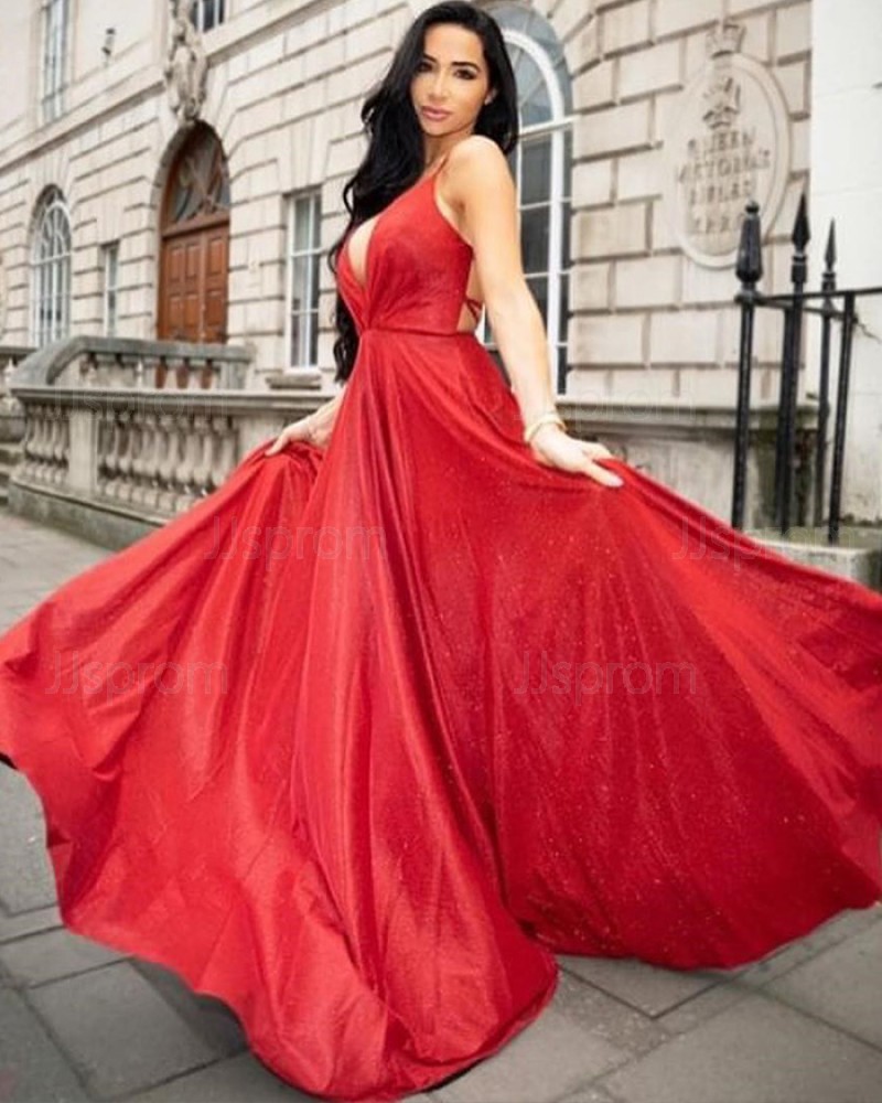 Simple Long Deep V-neck Red Satin Prom Dress PD1729