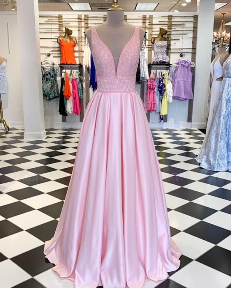Pearl Pink Pleated V-neck Beading Bodice Prom Dress PD1738