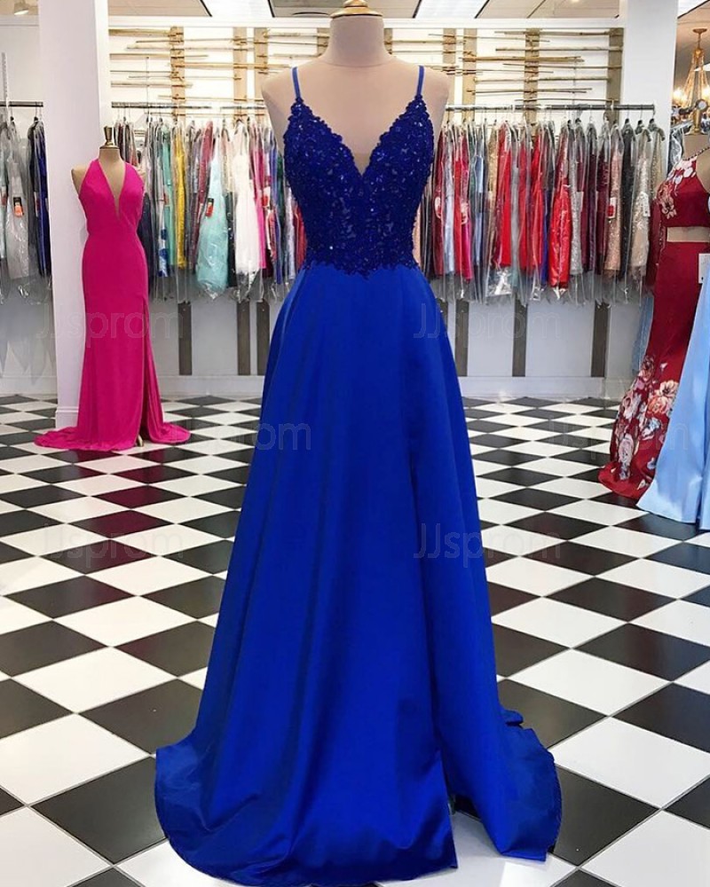 Royal Blue V-neck Beading Bodice Satin Prom Dress with Side Slit PD1743