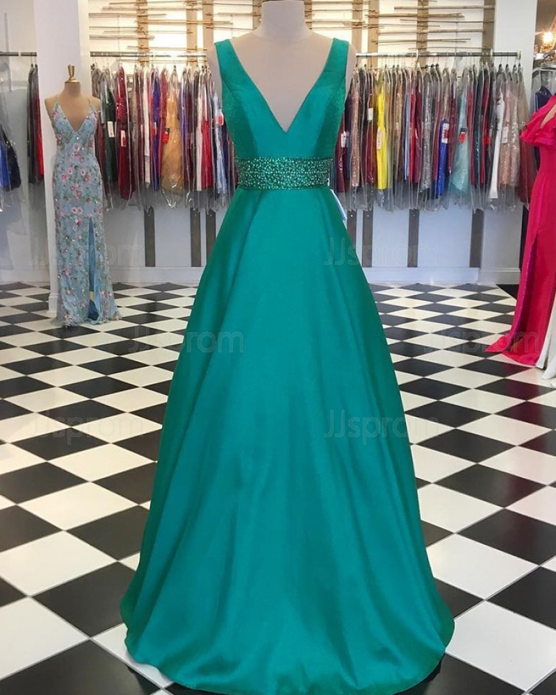 A-line V-neck Green Satin Prom Dress with Beading Belt PD1745