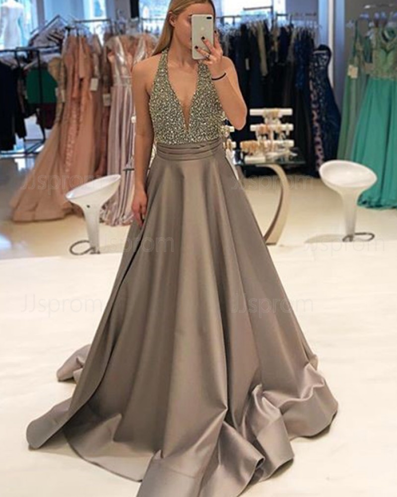 Satin Brown Halter Beading Bodice Prom Dress PD1748