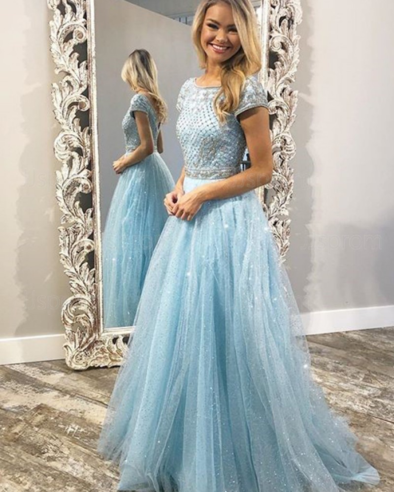 Sparkle Light Blue Jewel Beading Bodice Tulle Prom Dress with Short Sleeves PD1754