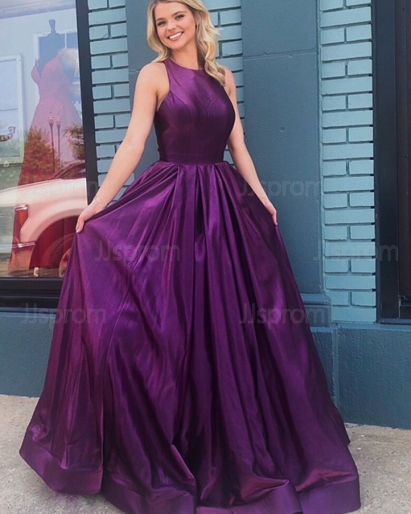 Simple Satin Jewel Purple Pleated Prom Dress PD1755