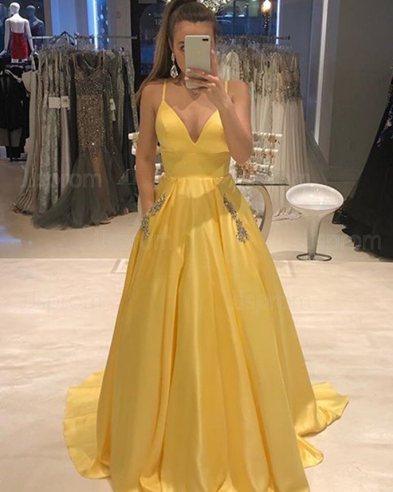 Yellow Spaghetti Straps Pleated Prom Dress with Beading Pockets PD1756