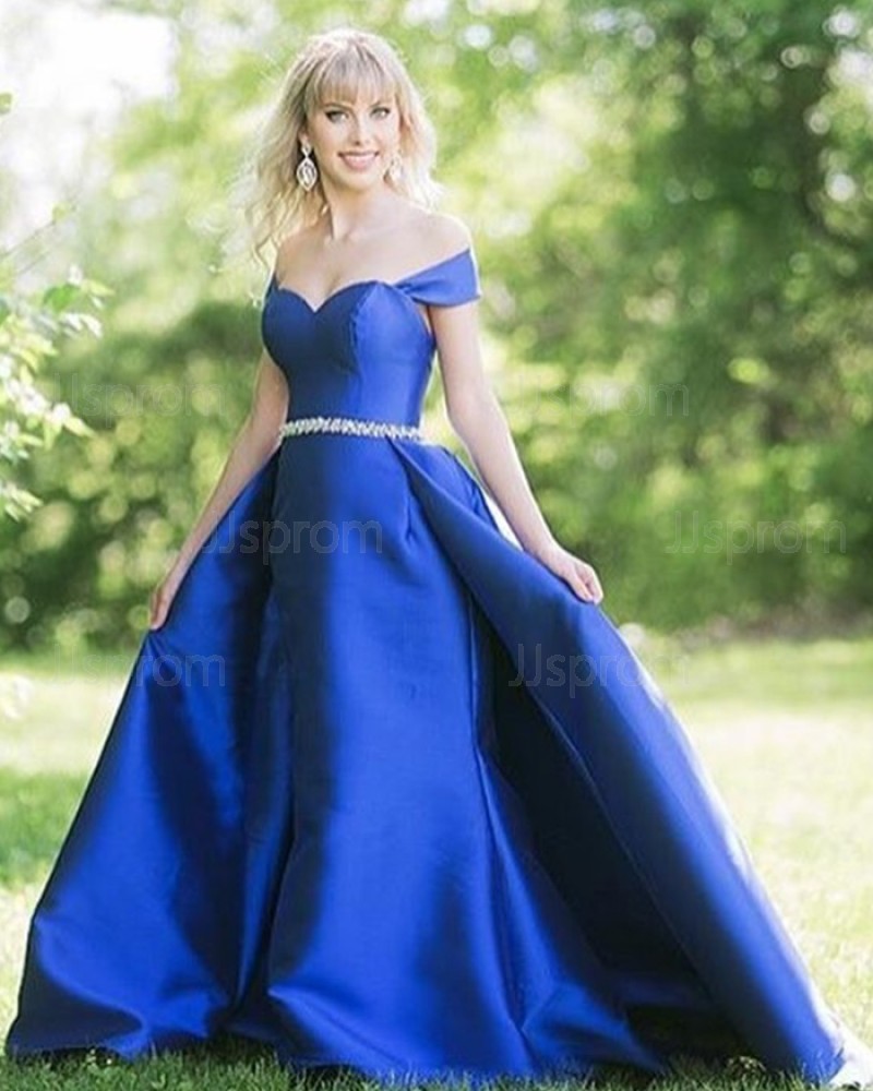 Royal Blue Off the Shoulder Satin Prom Dress with Beading Belt PD1758