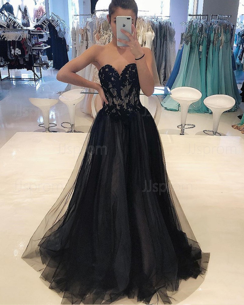 Sweetheart Lace Applique Bodice Black Tulle Prom Dress PD1760
