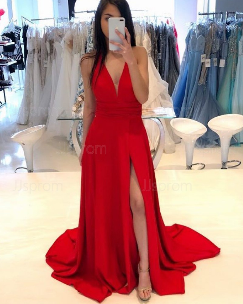 Simple Deep V-neck Red Satin Prom Dress with Side Slit PD1763