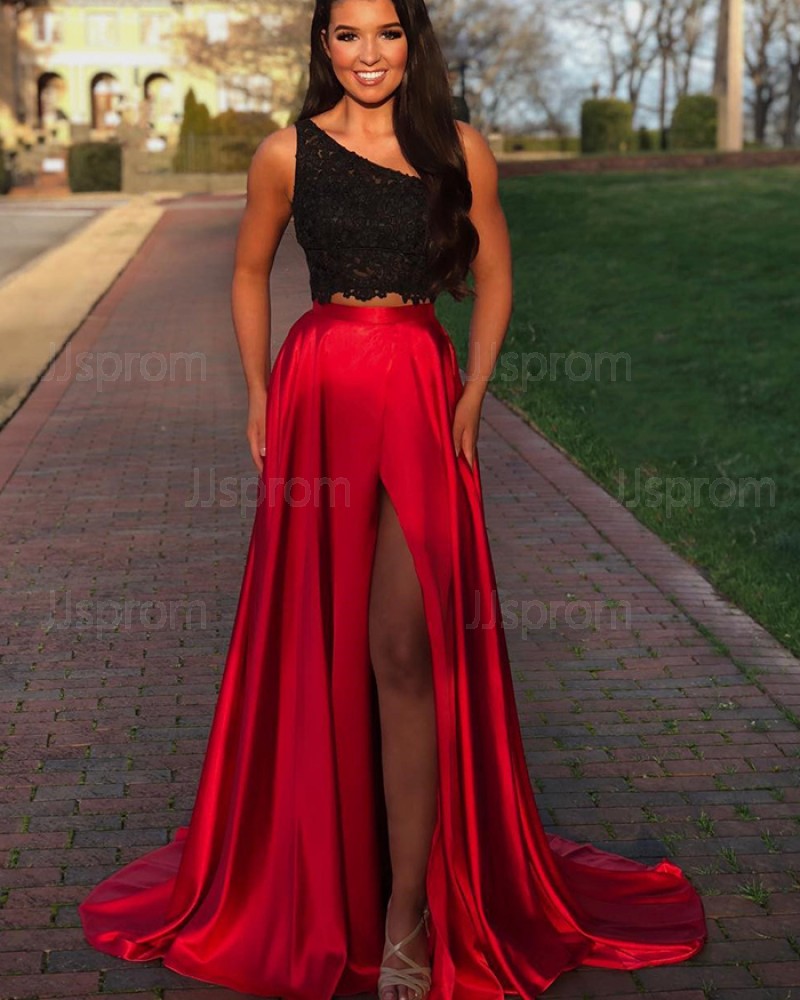 Two Piece One Shoulder Black & Red Lace Bodice Prom Dress with Side Slit PD1765