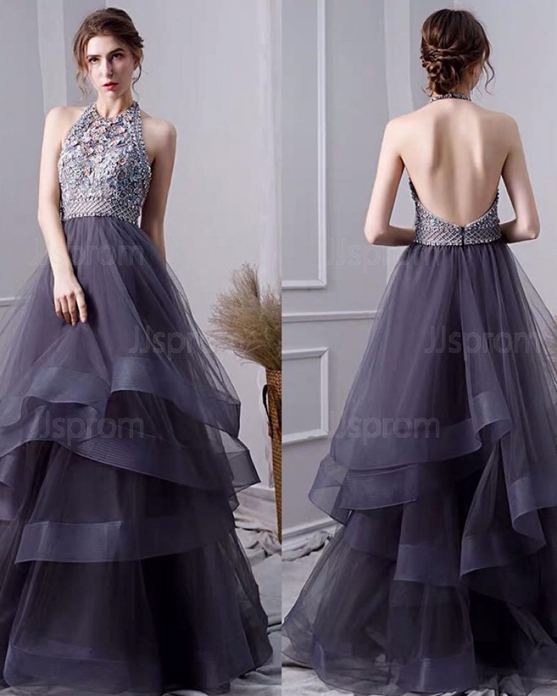 Ruffled Black Tulle High Neck Beading Bodice Evening Dress PD1770