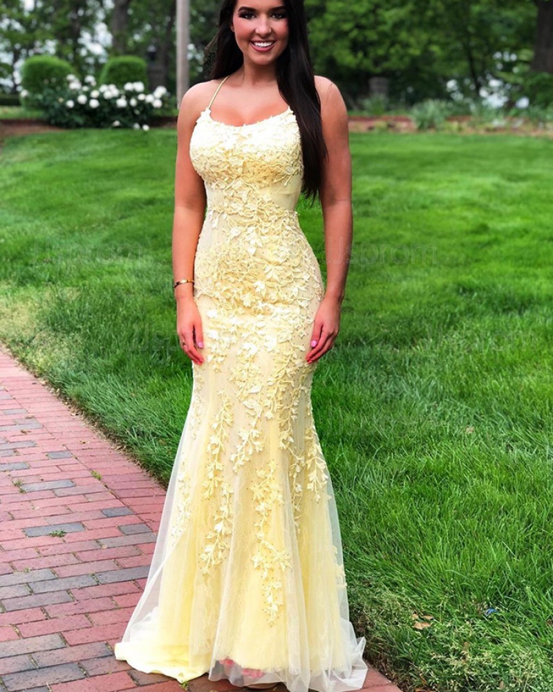 Light Yellow Spaghetti Straps Lace Mermaid Prom Dress PD1775