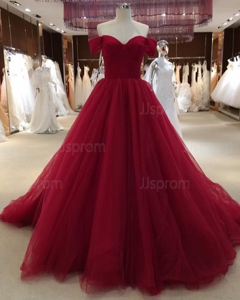 Burgundy Pleated Off the Shoulder Tulle Evening Dress PD1777