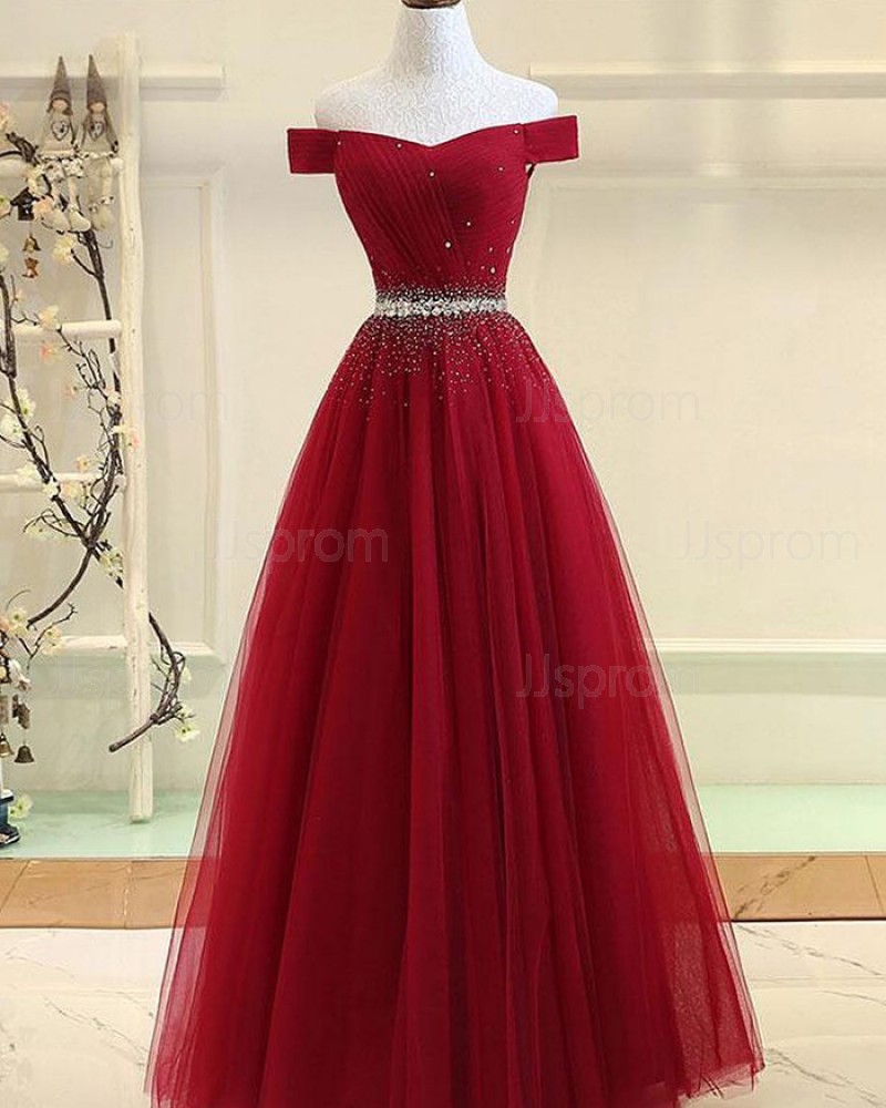 Red Beading Off the Shoulder Ruched Tulle Prom Dress PD1781