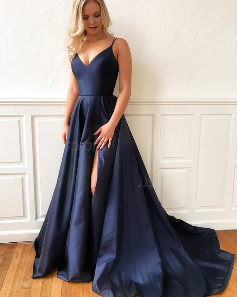 Satin Navy Blue Double Spaghetti Straps Prom Dress with Side Slit PD1782